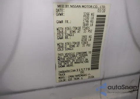 2010 Nissan Titan Se from USA, damaged, VIN 1N6BA0EC2AN315778